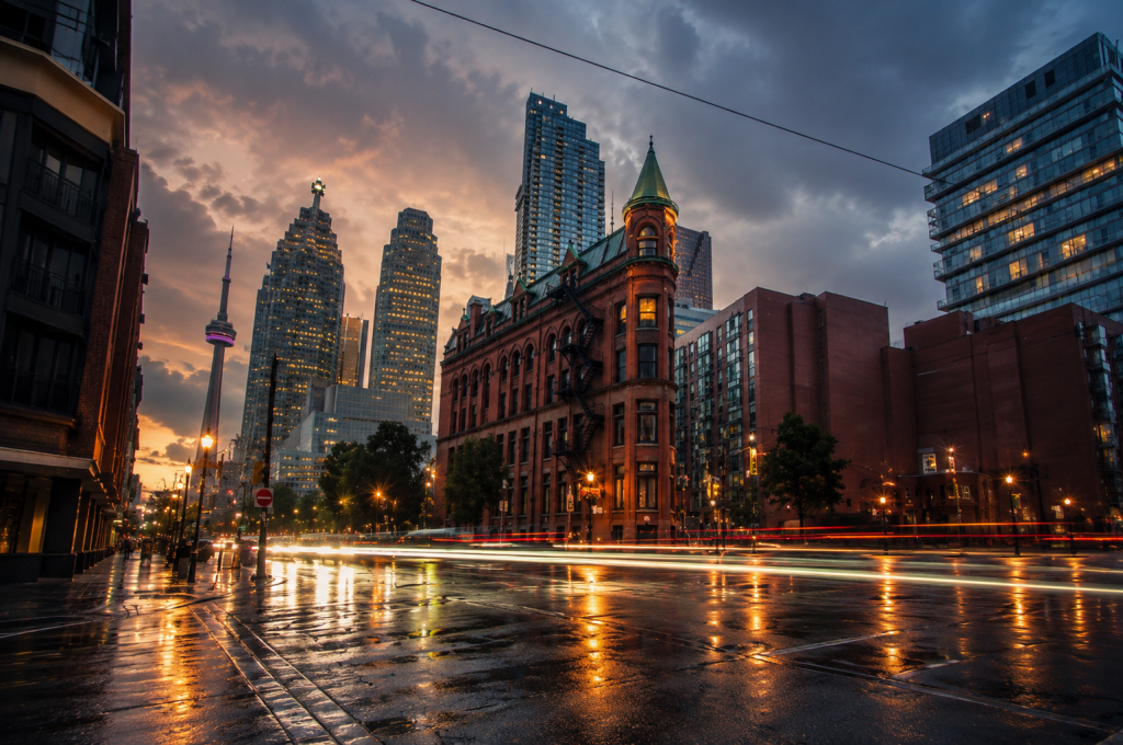 Toronto’s Flatiron building at dusk