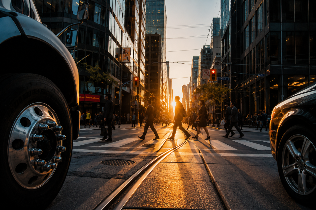 Toronto street crossing at sunset